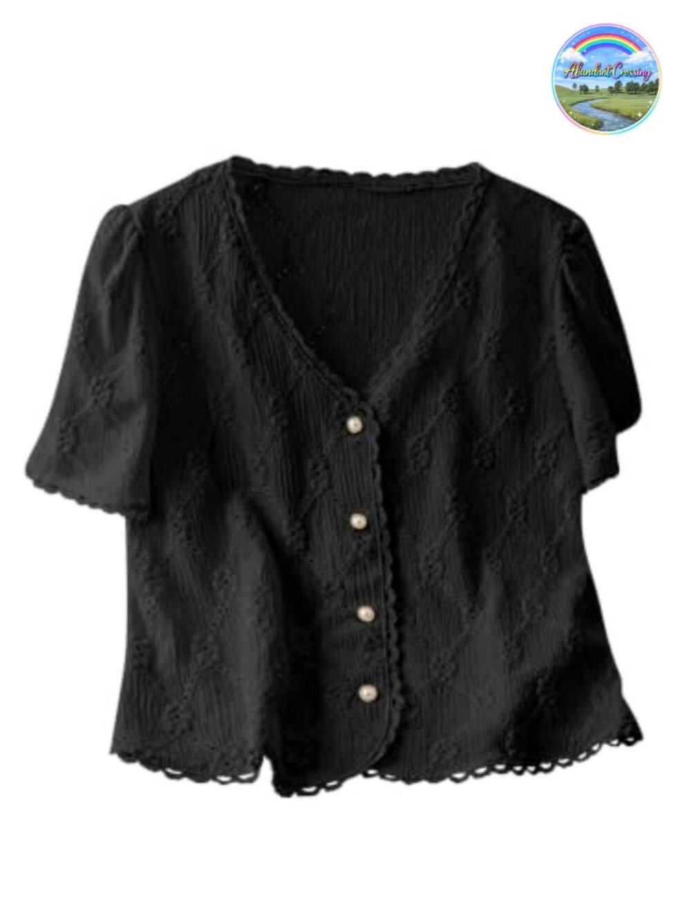 Petite Floral Embroidered Button Down Blouse with Frill Trim and Puff Sleeves